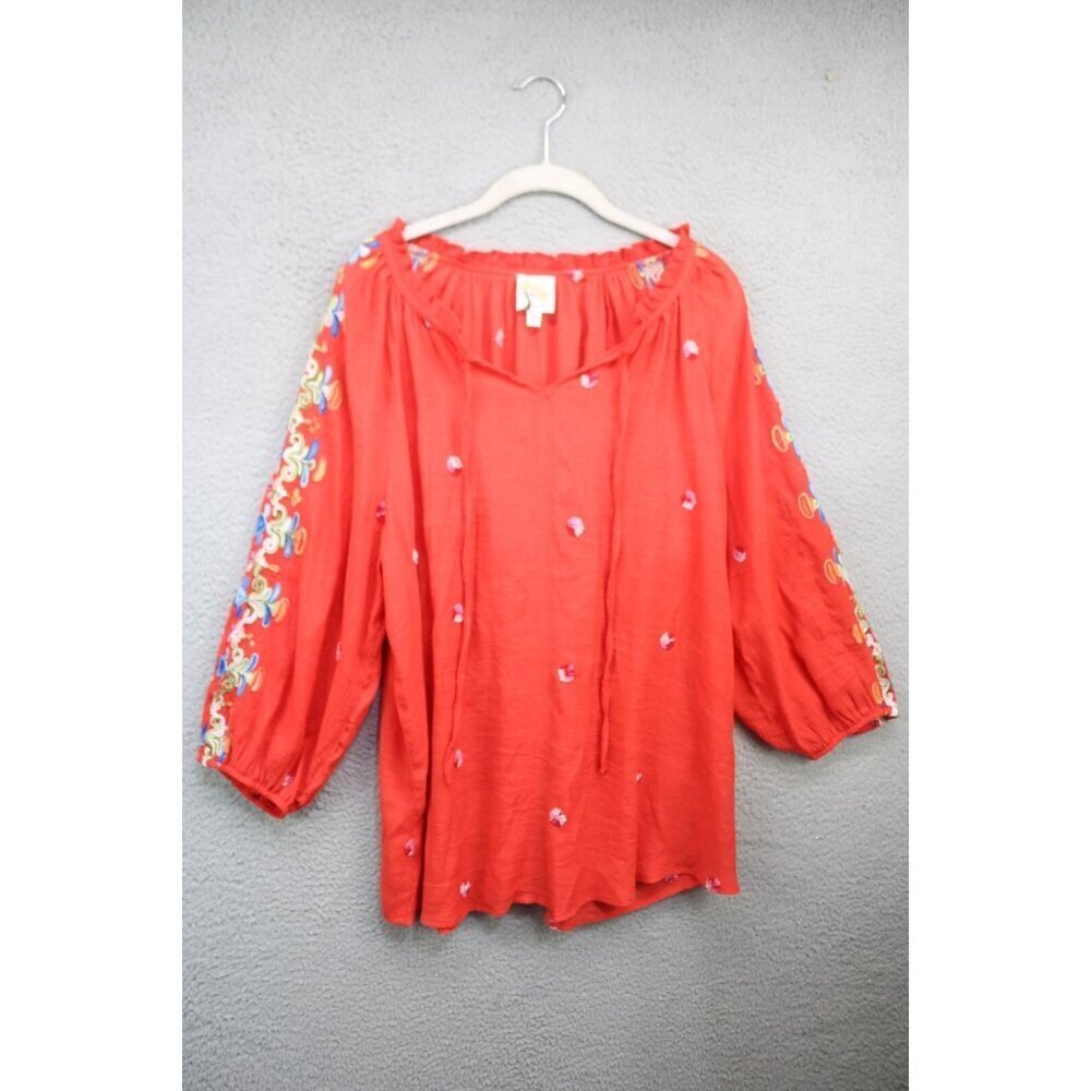 Fig & Flower‎ 3/4 Balloon Sleeve Embroidered Silky Tunic-Size 2X-Cottagecore